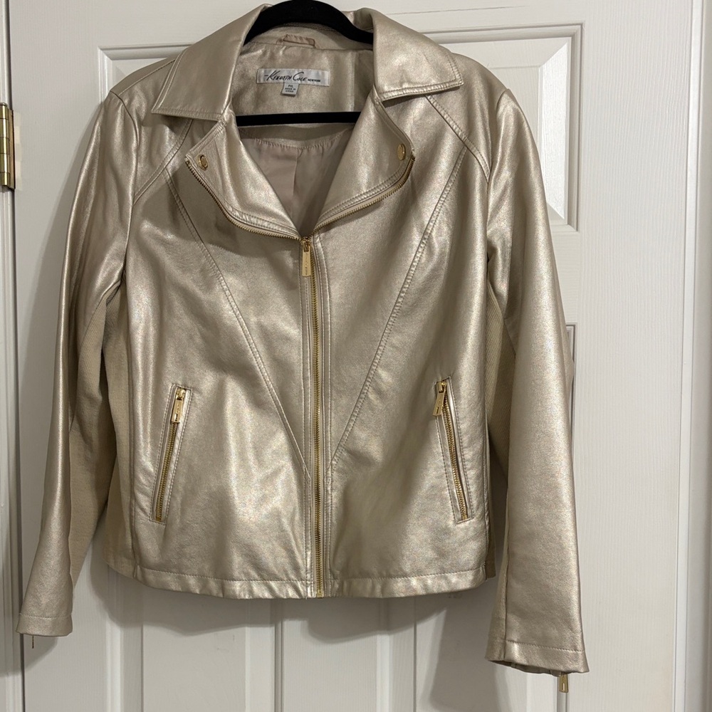 Kenneth Cole New York Metallic Champagne Gold Faux Leather Moto Jacket